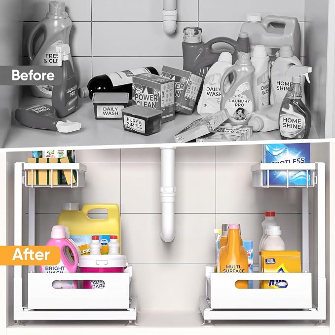 Saydear L-Shaped Under Sink Organizer, 2-Tier Pull-out Cabinet Rack 1-Pack | White Height-Adjustable Steel Rack, Sliding Grid Drawers with PP Liners, Holds 100 Lbs, Suction Base, Ideal Kitchen Storage