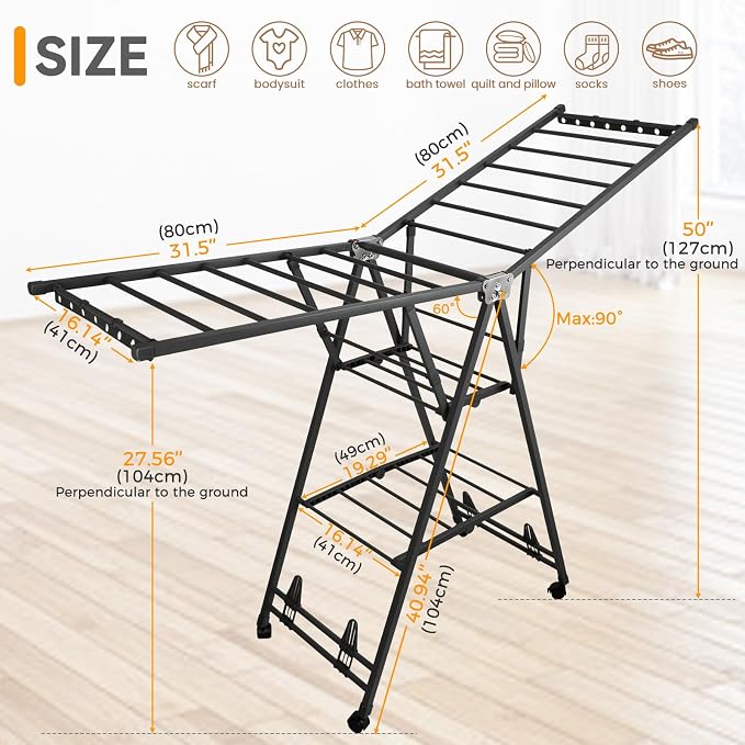 Clothes Rack, 3-Tier Drying Hanger, for 30 Pieces+, Foldable and Space Saving, Portable, Indoor or Outdoor Use, Solid Metal Clotheshorse, Nice for Mum, Gray(1.6 m Wing Length)