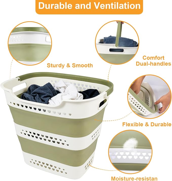 2 Pcs 42L/11.2 Gal Collapsible Laundry Basket - Foldable Plastic Pop Up Hamper with Handles, Space-Saving Storage Organizer for Wet & Dry Clothes, Ideal for Home, Dorm and Apartment Use Green