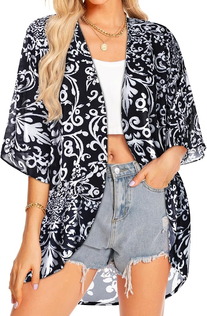 Women Kimono Cardigans Summer Cover Up Hawaiian Shirts Floral Print Tops | ROSEMIA chiffon kimono open front cardigans, beach cover ups, daily casual tops, cruise outfits, summer resort wear