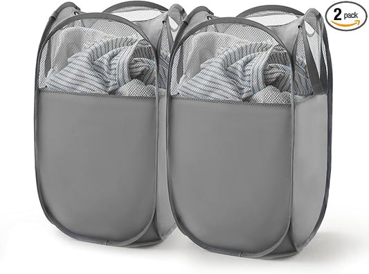 TECHMILLY Pop Up Foldable Laundry Basket, Mesh Laundry Hamper with Reinforced Handles for Dirty Clothes Storage in Dorm, Laundry Room, Bathroom, Grey(Fabric), 2 Pack