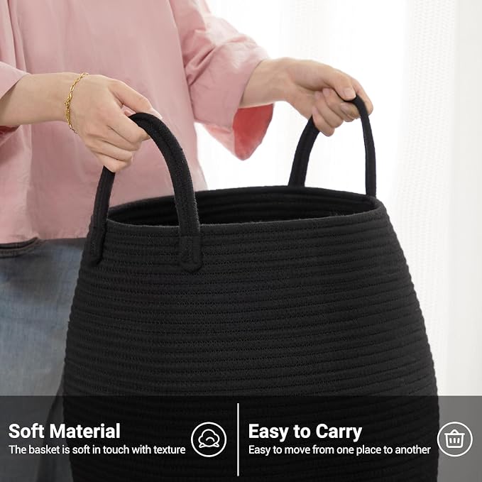 Large Laundry Hamper Basket 65L Woven Blanket Basket, Black | Tall Clothes Hamper, Rope Wicker Laundry Basket, Storage Basket for Toys, Dirty Cothes in Bedroom, Living Room Organizer