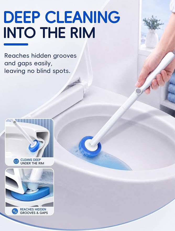 Disposable Toilet Brush System, Toilet Bowl Cleaning Wand with Lift-to-Open Refill Case, Blue Refill Heads and Freestanding Holder, 1 Wand and Holder Set with 35 Blue Refills