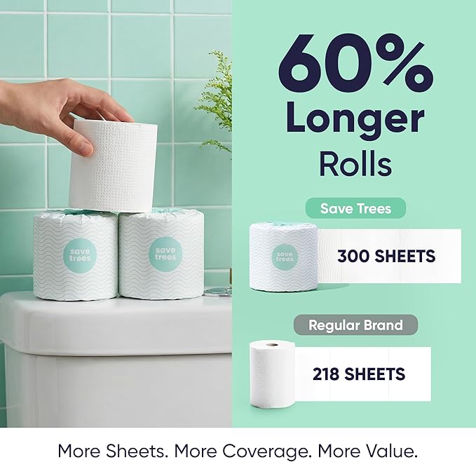 Save Trees Bamboo Toilet Paper -24 Rolls Of Septic Safe Organic Toilet Paper 3-ply, 300 Sheets Per Roll - PFAs Free, FSC Certified, Plastic & Chemical Free - For Home, Boat & RV Use