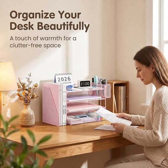 OPNICE Desk Organizer, 4-Tier Desktop File Organizer with Drawer and Pen Holders, Office Desk Accessories, File Sorters, Workspace Organizers for Office Supplies(Pink - Metal Pen Holder)