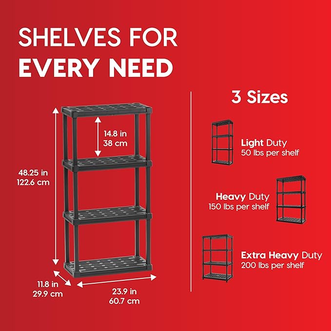 IRIS USA Plastic Storage Shelves |Made in USA| 48"H x 24"W x 12"D - Black | Light Duty Rack Organizer, 200lb Total Capacity, 50lb Per Shelf, Shelving Unit for Bathroom, Laundry, Home & Pantry