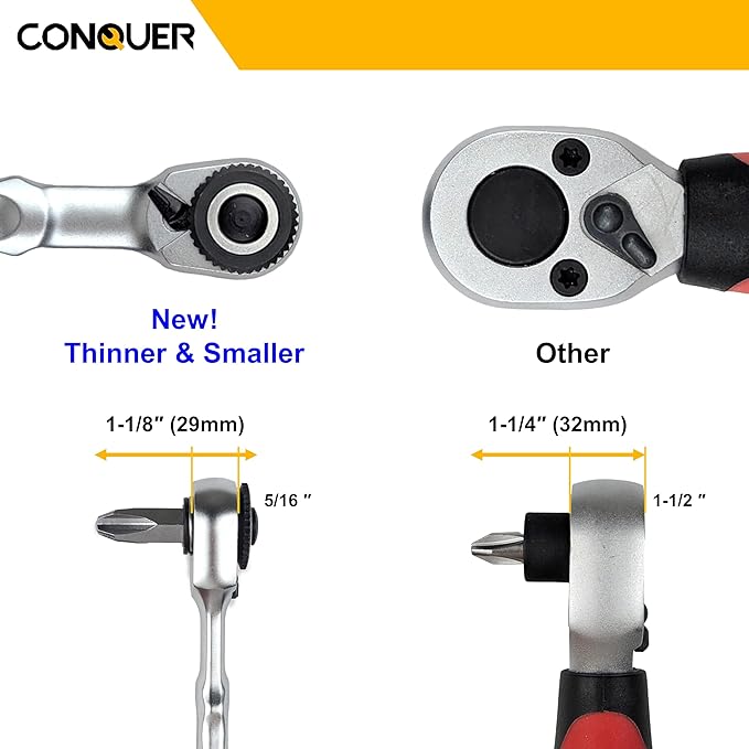 CONQUER 1/4" Mini Ratchet Wrench Low Profile Dual Head | Socket/Bit Driver, 72-Tooth, 5° Swing Arc, Ultra-Low Back Drag, Quick-Release Button; For Tight Engine Bays & EDC Kits
