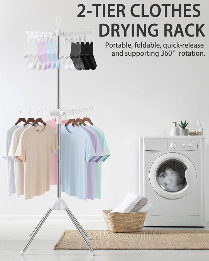 Foldable Clothes Drying Rack, 2 Tier Portable Laundry Drying Rack | 67" Drying Rack, Rotating Clothes Rail with 24 Clips and 3 Rotatable Arms, Flats, Small Rooms, Dorm