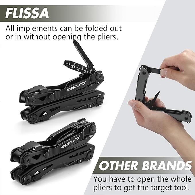 FLISSA 16-In-1 Multi Tool, EDC Multitool, Black | Gift for Men, Stainless Steel, Pocket Knife, Pliers, Belt Clip, Oxford Sheath, Safety Locking, For Camping, Outdoor