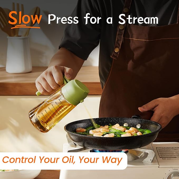 TrendPlain 16oz/470ml Glass Olive Oil Sprayer for Cooking – 2 in 1 Olive Oil Dispenser Bottle for Kitchen Gadgets and Air Fryer Accessories, Salad, BBQ - Green