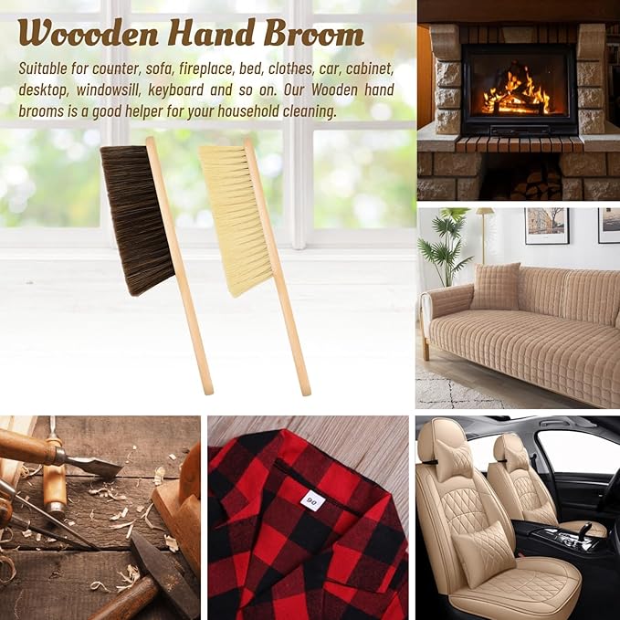 2 Pieces Woooden Dust Brush Hand Broom Bench Brush with Long Wood Handle Whisk Broom Soft Bristle Brush for Counter Bed Sofa Car Fireplace Clothes Household Cleaning