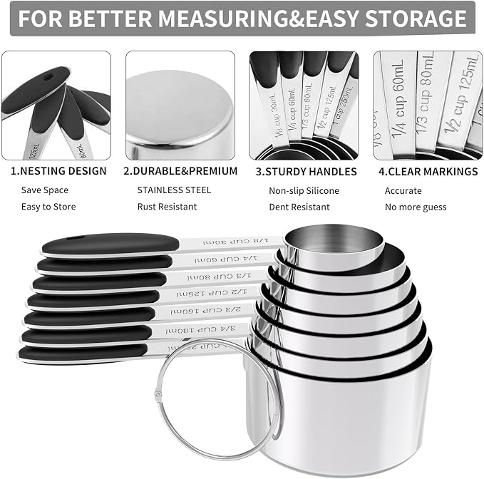 TILUCK Stainless Steel Measuring Cups and Spoons Set with Silicone Handle – Nesting Design for Space-Saving, Heavy Duty & Dishwasher Safe for Dry/Liquid Ingredients, Cooking & Baking (12)
