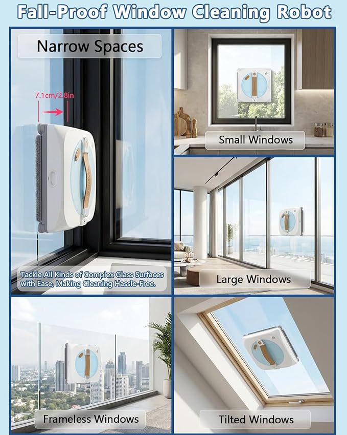 Upgraded Window Cleaning Robot, 8000Pa Strong Suction, 15-Stage Anti-Fall, Smart Path Planning, Edge Detection, App & Remote Control, Automatic Glass Cleaner for High Rise Windows, Glass, Tile
