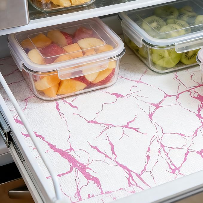 Pink Marble Pattern Shelf Liner, Non-Adhesive Non-Slip Thickened Drawer Liner, Easy to Clean Contact Paper for Kitchen Cabinets, Tool Box, Refrigerator, Includes Knife & Tape Measure.12×236.22inch