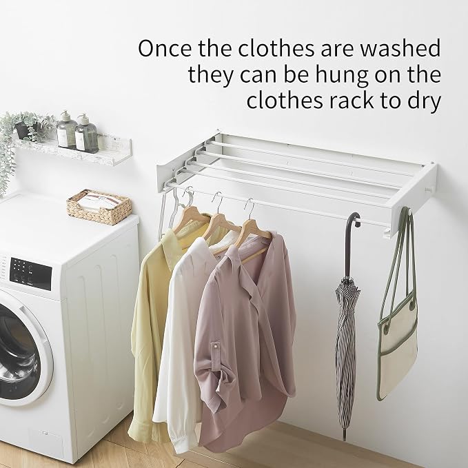 RFOUO Wall Mounted Clothes Drying Rack,White 31.5" with Hooks | Foldable,Space saver Drying Rack for Laundry Balcony Bathroom, 5 Aluminum Rods, 60 lb Capacity