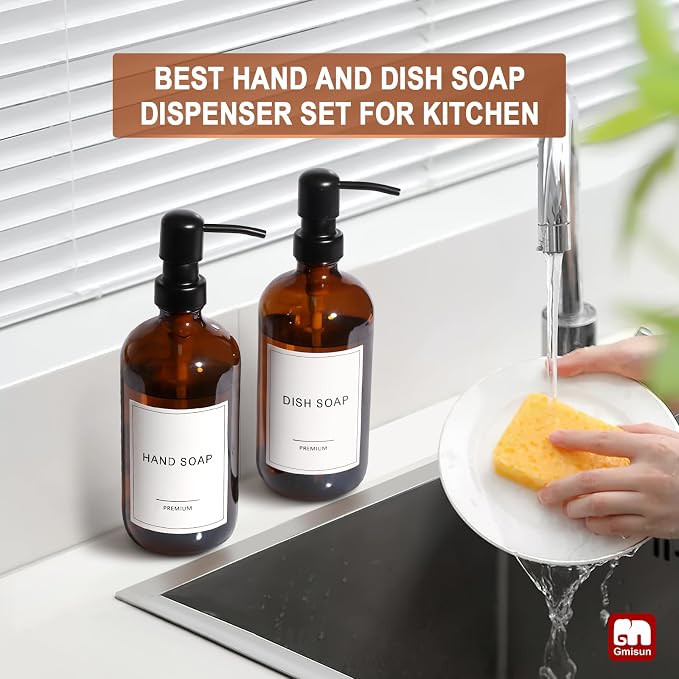 GMISUN Amber Glass Soap Dispenser, 8 Pack Bathroom Hand Soap Dispensers | 17 Fl Oz Kitchen Hand and Dish Soap Dispenser Set with Stainless Steel Pump, Modern Vintage Liquid Brown Soap Bottle