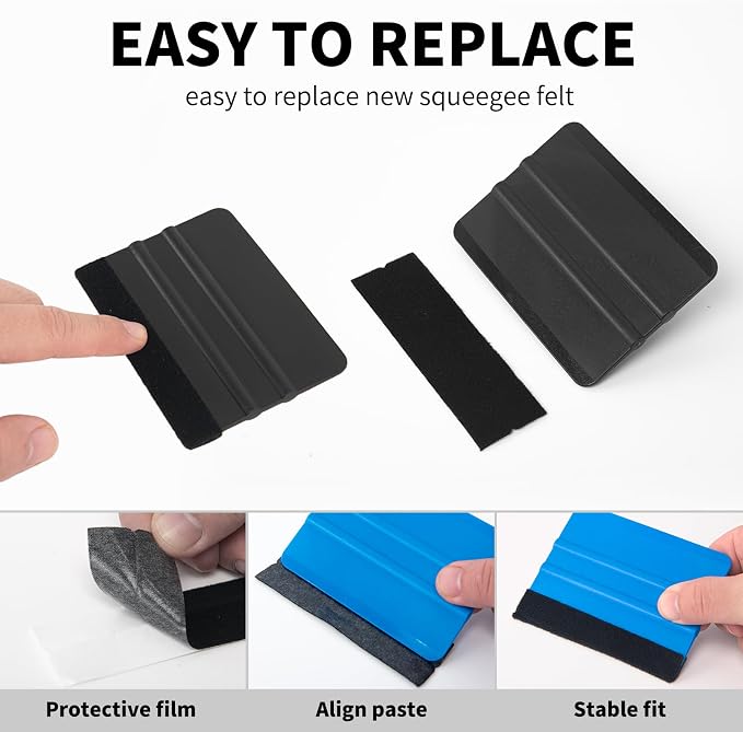 AMZDEPOT Squeegee for Vinyl, 4 Inch, Black and Dark Blue, 2 Pcs | Extra 2 Felt Replacements, Car Wrap, Craft Sign Making, DIY Crafting, Window