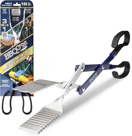 3 in 1 Barbecue Tool 18-inch by BBQ Croc - Light and Long Tongs, Spatula and Grill Scraper (Blue) (18 inch Without Flashlight)