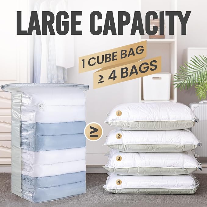 TAILI 6 Pack Vacuum Storage Bags, Jumbo Cube (31x40x15 Inch), Extra Large Vacuum Seal Bags for Clothing, Comforters, Blankets, Pillow, Bedding, No Pump Compression Cube, Cream