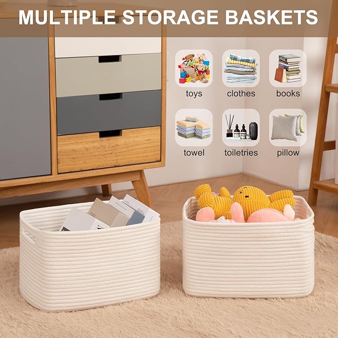 OIASKET Storage Baskets for Organizing, Woven Decorative Baskets for Shelves - Books, Towels, and Clothes, Cotton Rope Toy Storage Bins, 12.7''Lx9''Wx7.8''H, Pack of 4, White