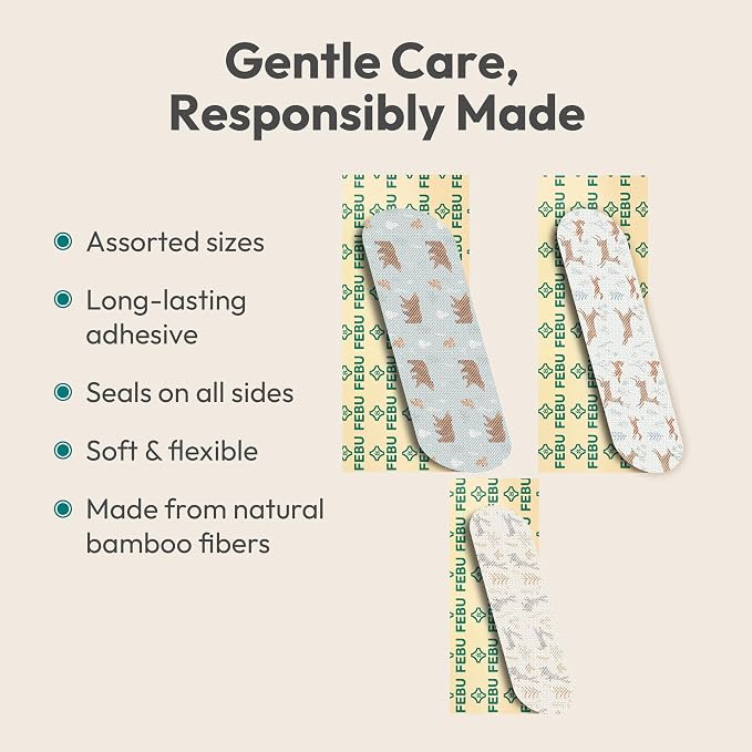 FEBU Woodland Friends Print Bamboo Fabric Bandages, 50 Count Strip | PFAS Free, Natural Hypoallergenic, Compostable, Latex Free; For Scraps, Cuts and First Aid