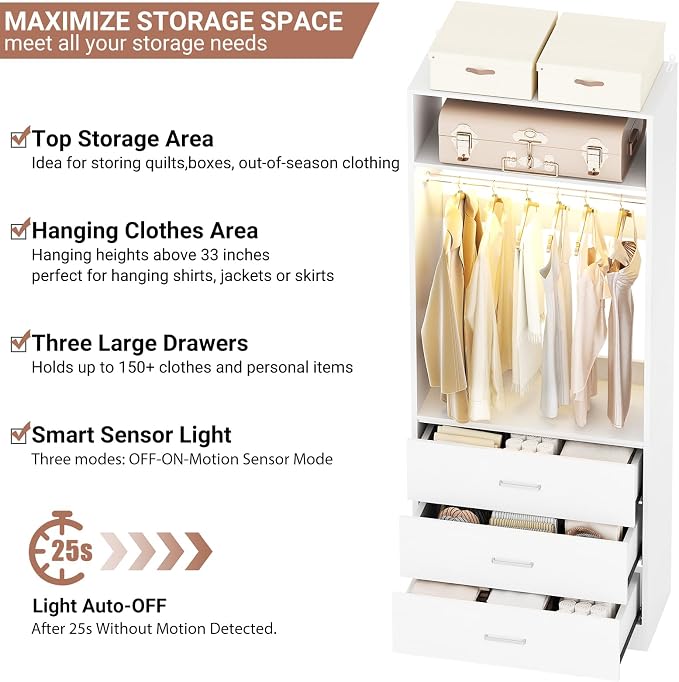 Besiost 8FT Closet System with 4 Motion Sensor LED Lights, 96" Closet Systems with 12 Drawers, Closet Organizer System with 4 Hanging Rods & 4 Shelves, Heavy Duty 96 Inch Walk-in Closet, White