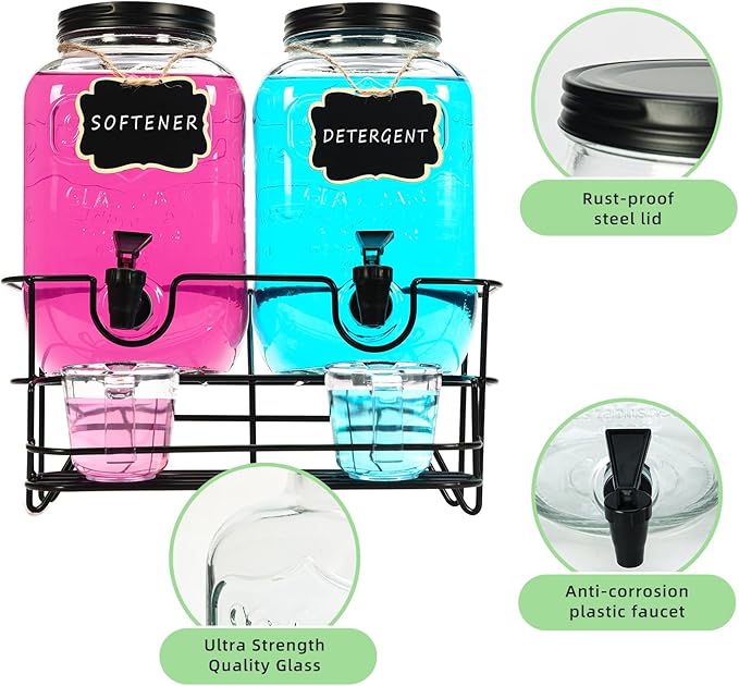 2 Sets 1 Gallon Laundry Detergent Dispenser with Stand, Measuring Cup, Glass Laundry Detergent Containr for Laundry Room Organization