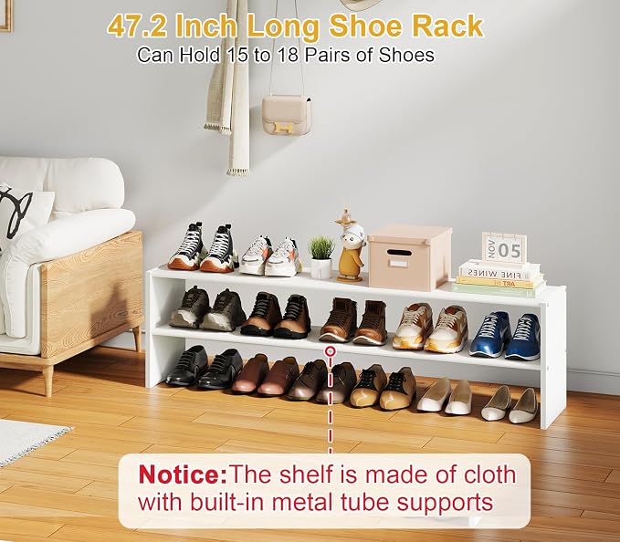 Cidaziya 47.2 Inch Long White Shoe Rack, Stackable Shoe Shelf Organizer for 15-18 Pairs of Shoes, 2 Tier Shoe Storage Organizer for Living Room, Bedroom, Closet, Entryway, Hallway, Garage