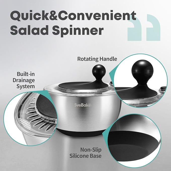 5.3Qt Stainless Steel Salad Spinner with Stop Button, BPA-Free Vegetable Lettuce Spinner, Transparent Lid & Drainage Hole, Non-Slip Base, Dishwasher Safe Fruit Washer