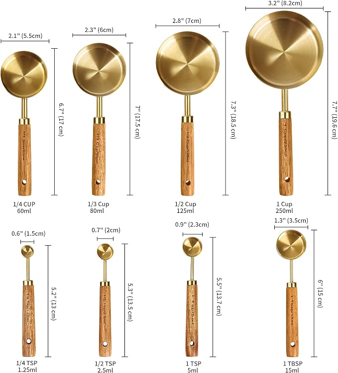 GuDoQi 8Pcs Gold Measuring Cups and Spoons Set, Wooden Handle, Premium Stainless Steel with Metric & US Measurements, Nesting for Dry/Liquid Kitchen/Food/Baking