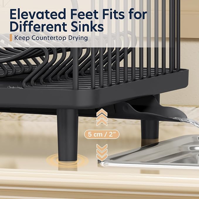 Stainless Steel Dish Drying Rack - Large Capacity Dish Rack for Kitchen Counter with Drain Board, Rustproof Dish Drainer with Drain Spout, Utensil Holder & Glass Holder, Dinnerware Organizer, Black