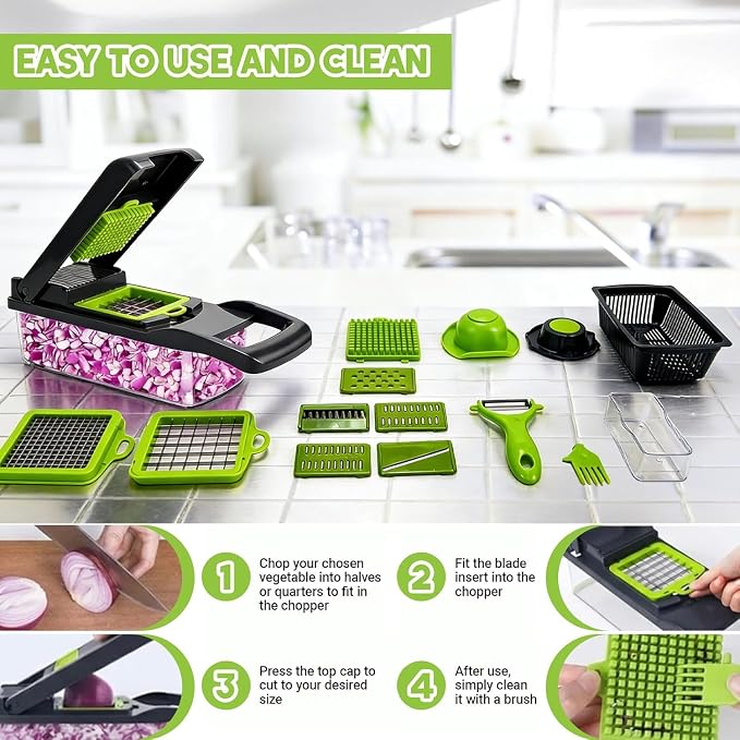 15 in 1 Vegetable Chopper- Food Chopper Onions Vegetable Slicer Dicer, Veggie, Cheese Grate Cutter with 7 Blades for Carrot Salad Garlic Potato slicer with Large Container Mandoline Kitchen Gadgets