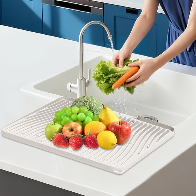 Silicone Dish Drying Mat for Kitchen counter, 15.8"x13" Extra Large Non-Slip Drain Pad with Built-in Drainage, Heat Resistant Dishwasher Safe, Cream