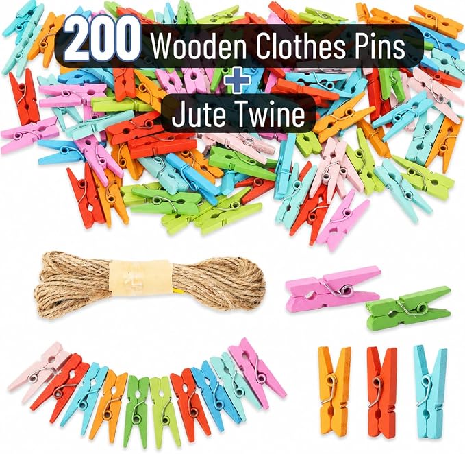 Mr. Pen- Mini Wooden Clothes Pins for Photo, 1 Inch, 200 Pack, Colorful | Small Clothespins with 10 m Jute Twine for Scrapbooking, Labeling Plants, Gift Tags, Tiny Crafts, Photo Display, Decoration