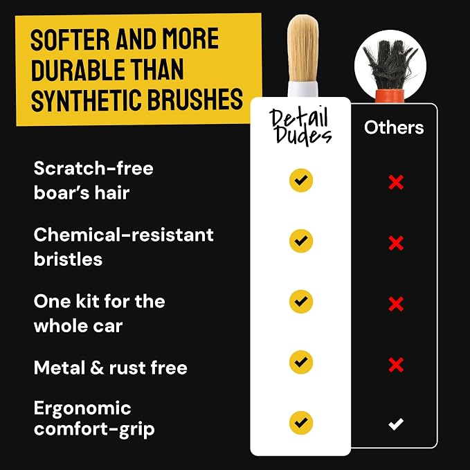 Car Detailing Brush Set 9-Pack with Tire and Wheel Brushes - Detail Dudes | 6-pc Scratch-Free Interior Boars Hair Brushes - 1-pc Exterior Tire Brush, Tire Dressing Applicator and Wheel Brush