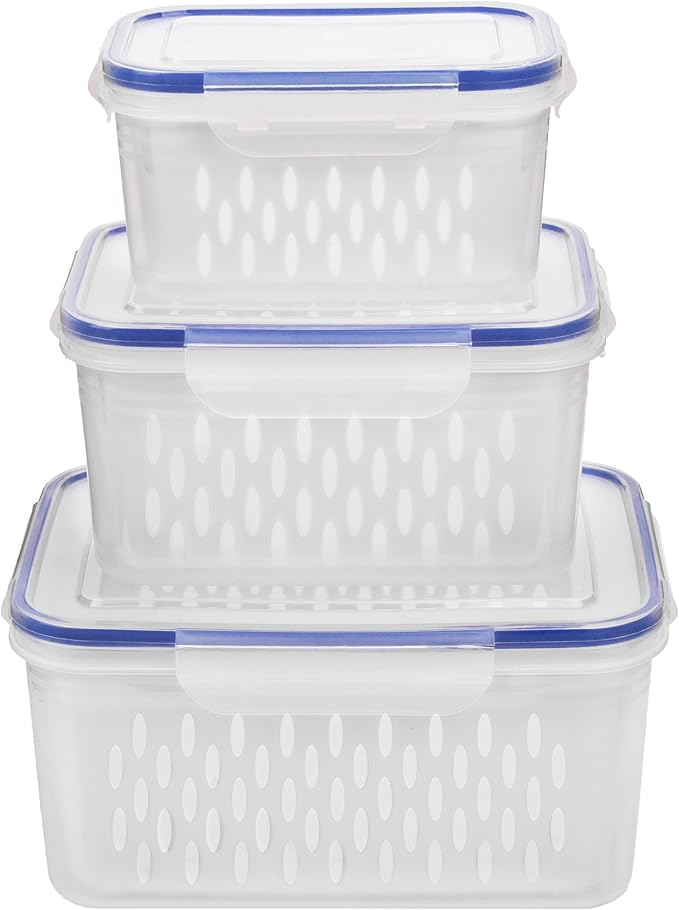 Fruit and Vegetable Storage Containers for Fridge, 6 Pcs/3 Sets Keep Fresh Produce Saver Containers Keeper, Food Storage Containers with Removable Colander (blue)