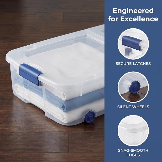 Under Bed Storage Bin 66 Quart, Clear Rolling Container with Wheels & Lid (2 Pack)