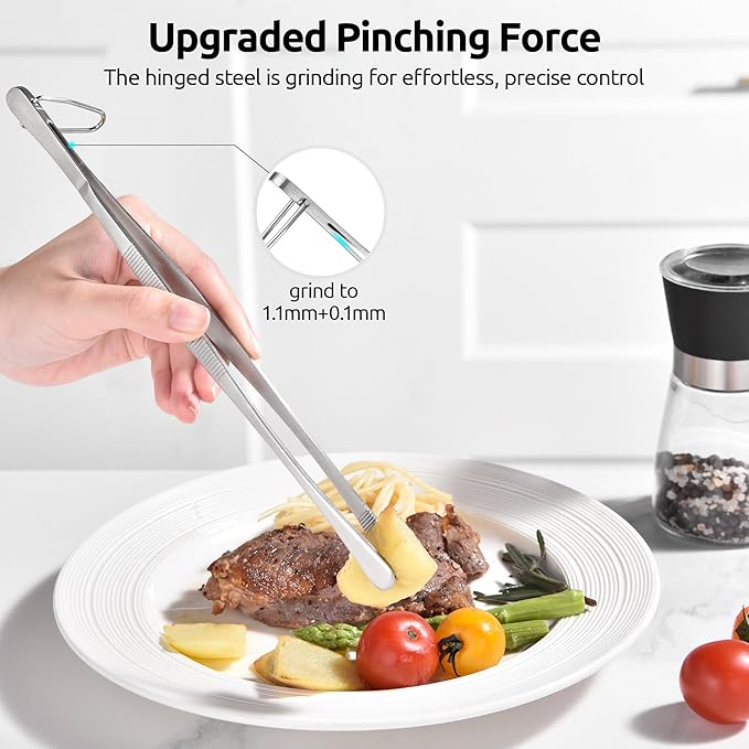 U-Taste 10" Kitchen Cooking Tweezer Set: 18/8 Stainless Steel Food-Grade Metal Food Tong, Seamless-Welding, Flexible and Non-Slip for Pasta Salad Meat Serving, Baking, Frying (Round & Pointed Tip)