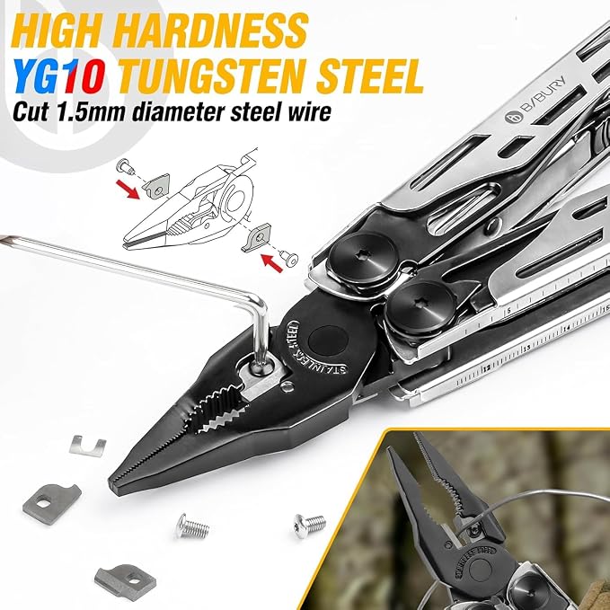 BIBURY 31-in-1 Multitool Pliers Pro BI2045,EDC Pocket Knife & Scissors | Stainless Steel Multi Tool with Replaceable Wire Cutters, Saw, Screwdriver, Ideal for Camping,Survival,Repair, Gifts for Men