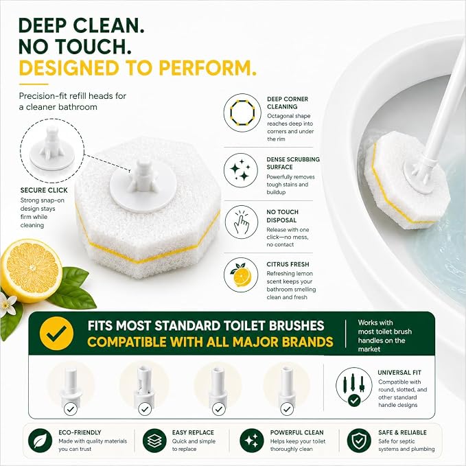 Toilet Wand Refills 60 Count Lemon Scent – Disposable Toilet Bowl Cleaner Brush Heads with Fresh Citrus Fragrance, Fits Most Standard Toilet Wand Handles, Hygienic No-Touch Cleaning Sponge Pads