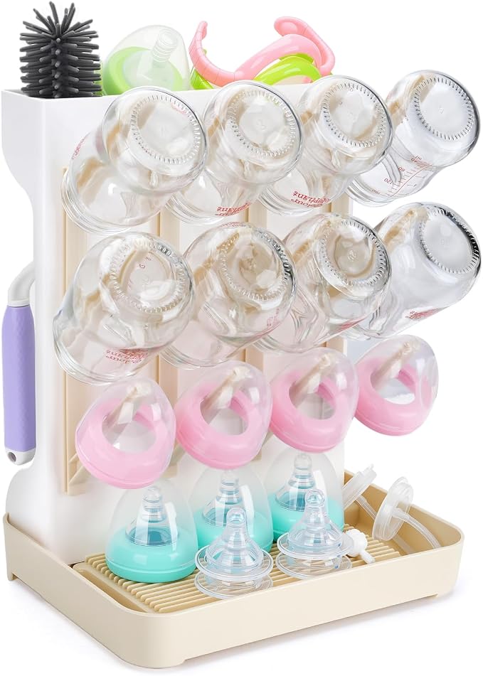 Baby Bottle Drying Rack: Space Saving Vertical Bottle Drying Holder with Brushes Holder - Large Bottle Storage Holder Organizer 12 Bottles & Baby Accessories,BPA-Free, Beige