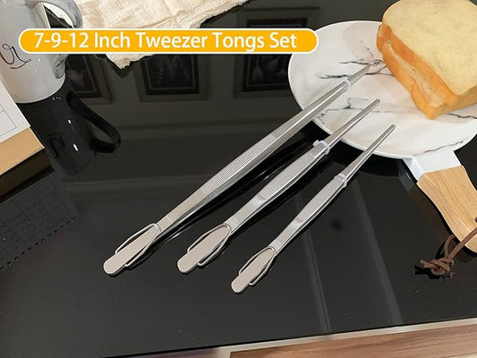 JETKONG Food Tweezers Precision Serrated Tips Kitchen Tweezers Professional Cooking Tweezer Tongs, Set of 3 (7 9 12 Inch, Silver)