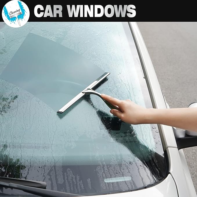 NETANY Shower Squeegee, 14-Inch Silver Squeegee, All-Purpose Stainless Steel Squeegee for Bathroom, Shower Doors, Mirrors, Tiles and Car Windows - 100% Streak Free
