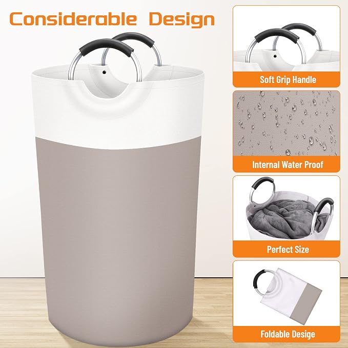 BlissTotes 90L Laundry Basket, Freestanding Collapsible Hamper, Brown | Collapsible Dirty Clothes Hamper, Foldable Laundry Bag for Dorm, Waterproof Fabric, Padded Aluminum Handles