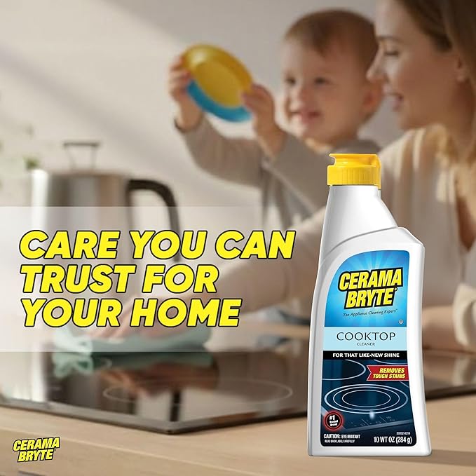 Cerama Bryte Glass Cooktop and Stove Top Cleaner Combo Kit - Includes Cleaning Tool, Razor, Scraper and 3 Pads to Remove Tough Stains - Use on Gas, Electric, Ceramic Surfaces, 10 Ounces, 6 Piece