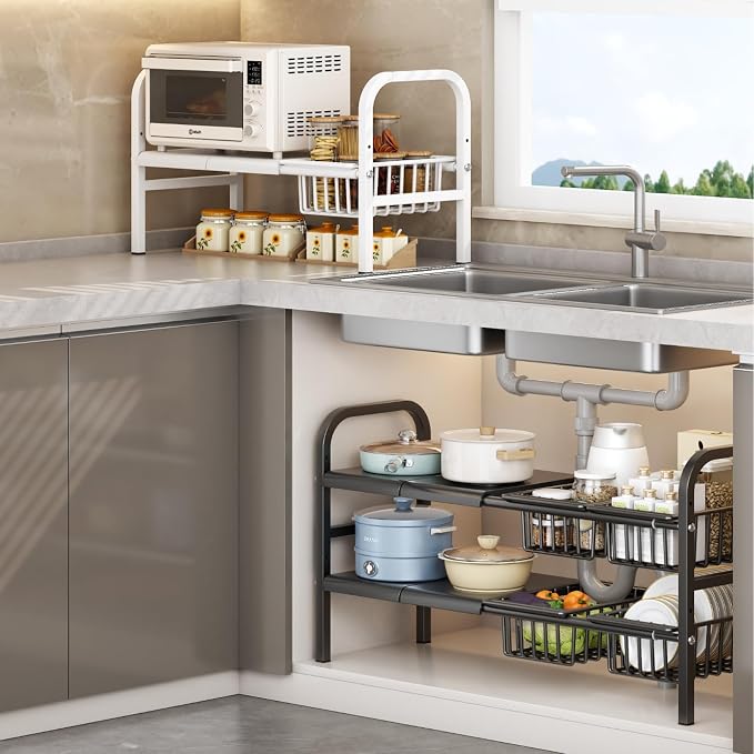 Under Sink Organizer，2 Tier Expandable Heavy Duty Metal Shelf，with 5 Removable Panels and 5 Storage Basket for Under Kitchen Bathroom Sink Organizers and Storage (White, X-Large)