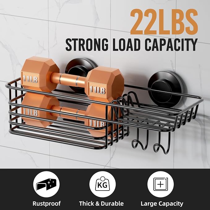 LEVERLOC Suction Cup Shower Caddy, Black Bathroom Shelf Shower Organizer With Hook And Soap Holder, No Drill Bathroom Caddy