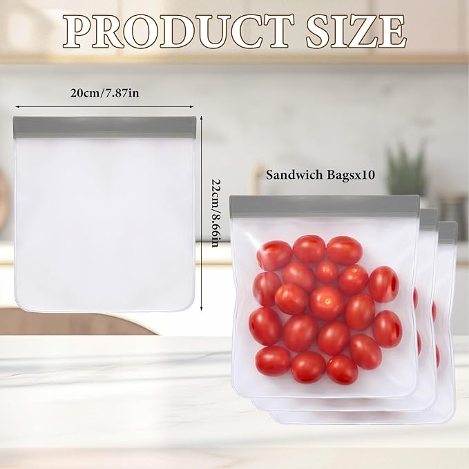 10 Pack Reusable Silicone Storage Bags Thick Leakproof Reusable Freezer Bag Dishwasher Safe Bag for Salad Fruit Snack Travel 10 Sandwich Bags