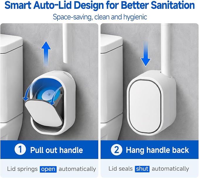 Disposable Toilet Brush with Holder, Wall Mounted Toilet Wand Cleaning System with 30 Refills, Auto-Lid Touch-Free Toilet Bowl Brush Kit for Bathroom Cleaning