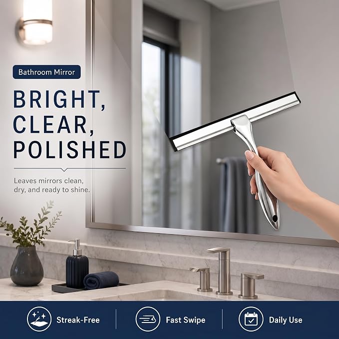 Shower Squeegee for Glass Doors, Stainless Steel Bathroom Squeegee with 3 Kinds of Waterproof Adhesive Hooks, 10 Inch Window Mirror Tile Wall Car Glass Cleaner Tool, Streak-Free Silicone Blade
